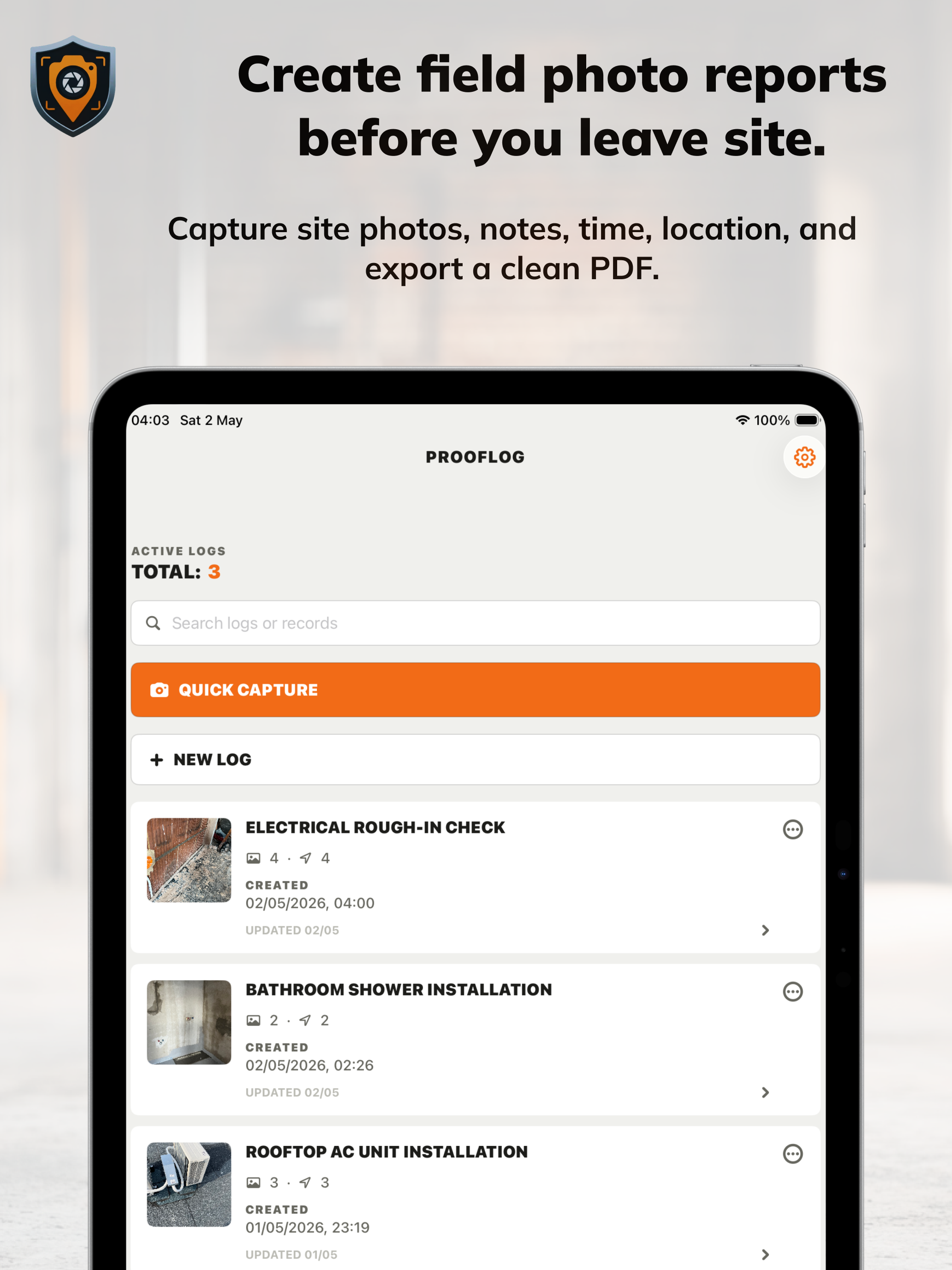 ProofLog iPad field log screen